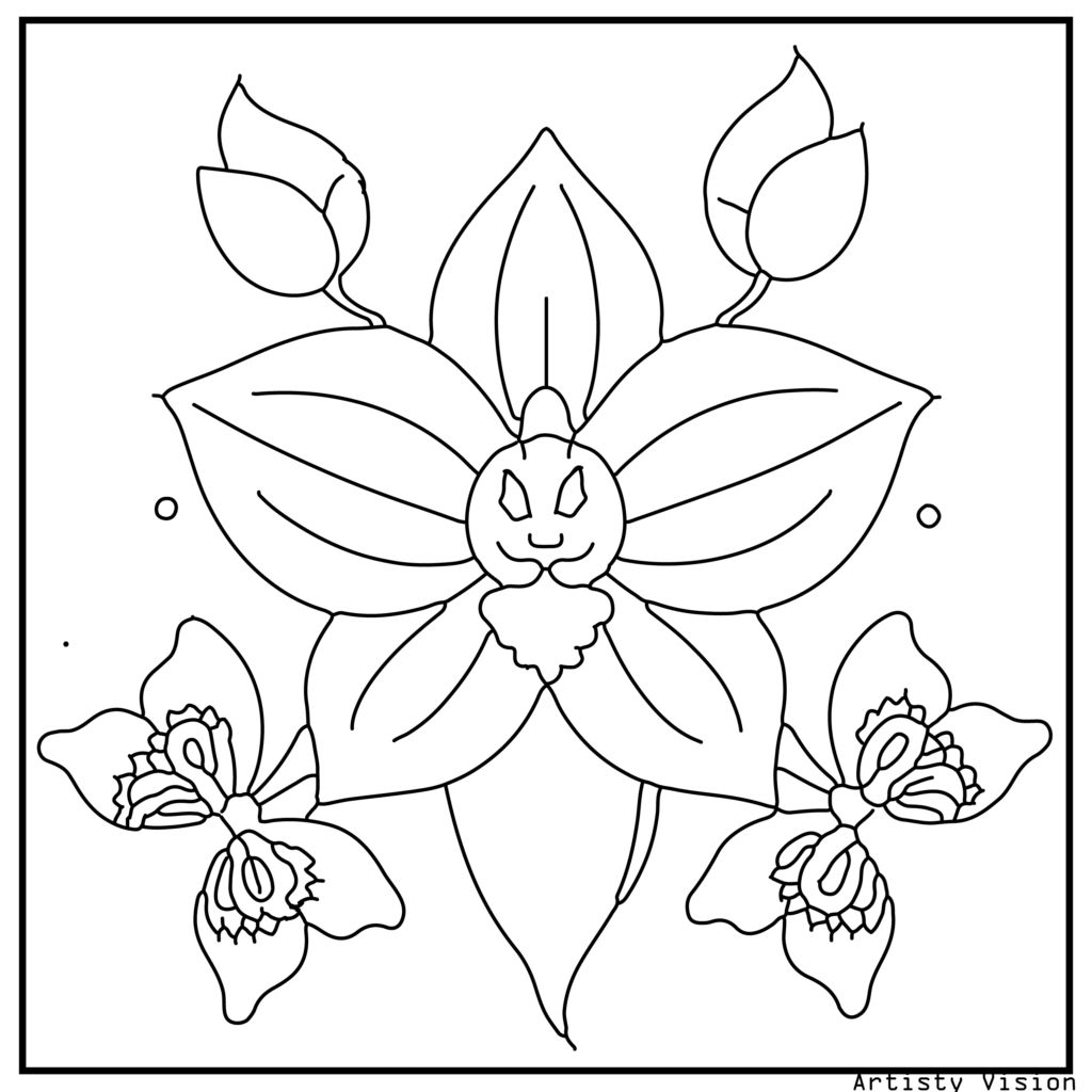 33.	A single orchid with ornate mandala-style petals and decorative vines, great for unique flower coloring sheets available as printable pdf coloring sheets.