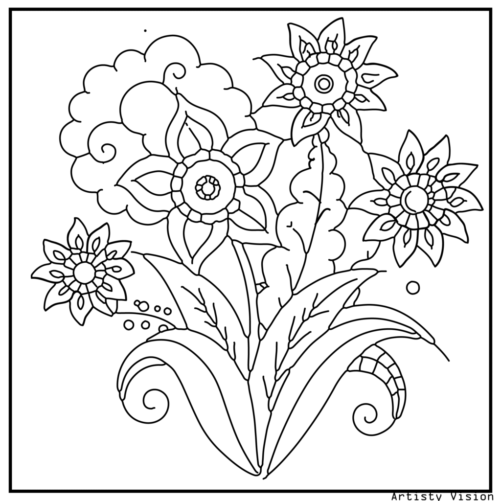 34.	A bouquet of wildflowers decorated with paisley and swirl patterns, designed for relaxing flower coloring sheets and high-quality printable pdf coloring sheets.