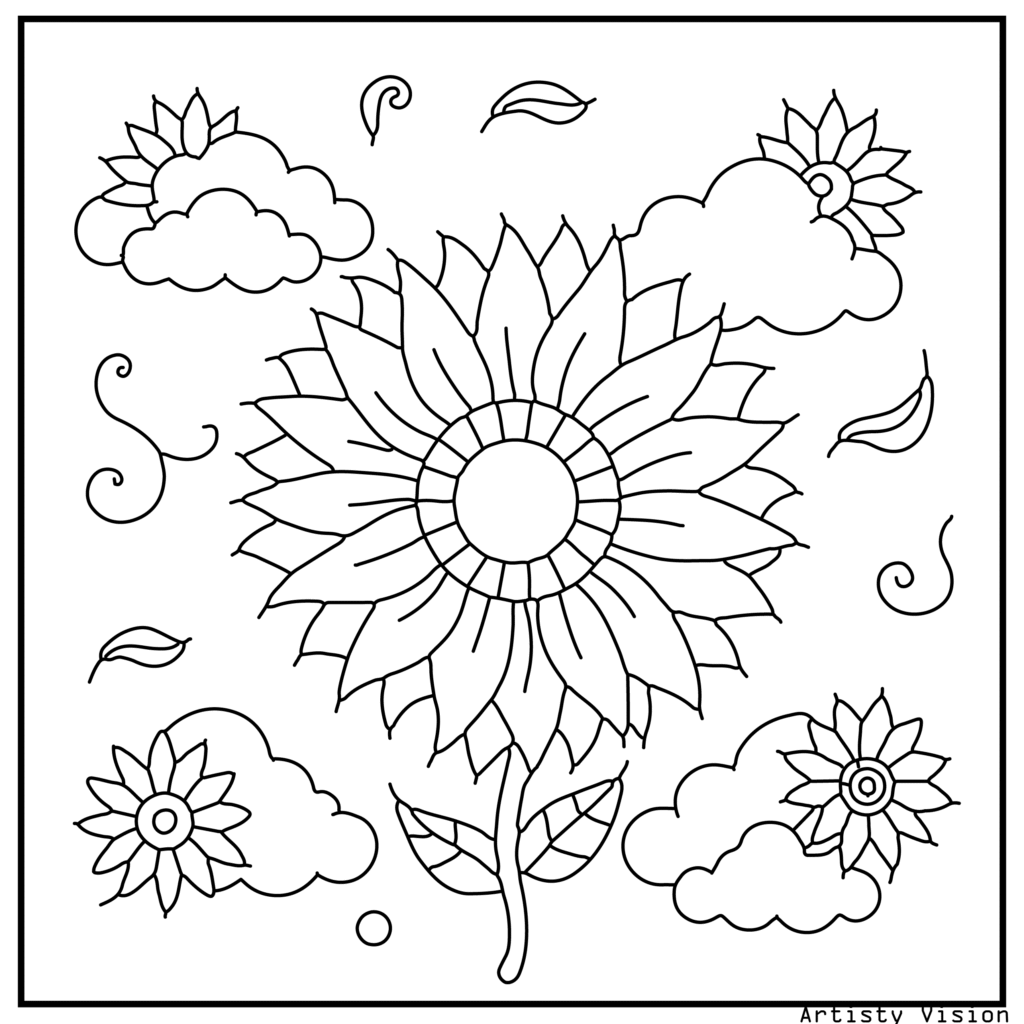 35.	A sunflower field filled with mandala petals and swirling geometric details, perfect for detailed flower coloring sheets in printable pdf coloring sheets format.