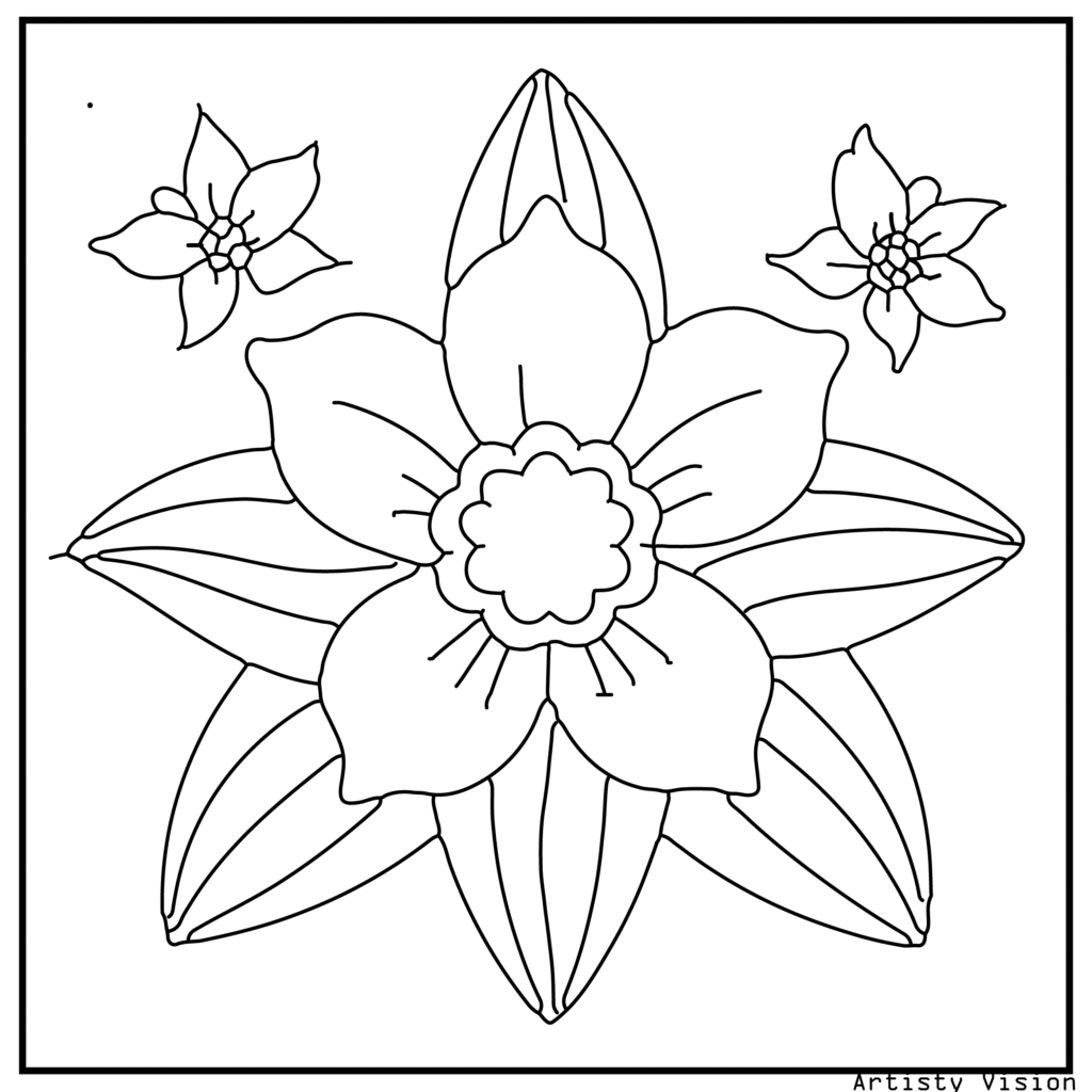 36.	A daffodil with ornate mandala patterns and decorative leaves, created for spring-themed flower coloring sheets and printable pdf coloring sheets.