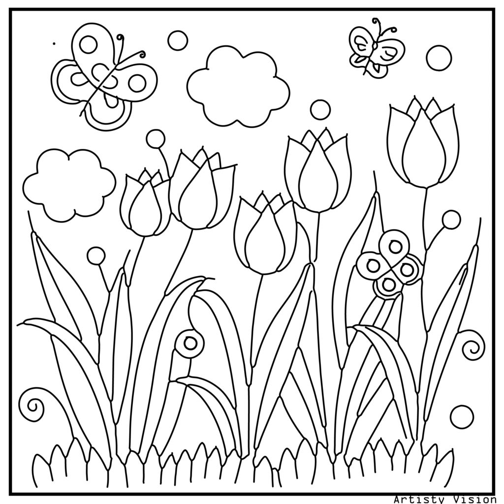 38.	A tulip field with mandala-inspired petals, clouds, and decorative butterflies, designed as beautiful flower coloring sheets and printable PDF coloring sheets.