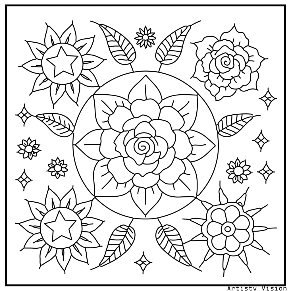 39.	A floral garden filled with roses, daisies, and lilies in decorative mandala patterns, ideal for detailed flower coloring sheets and printable pdf coloring sheets.