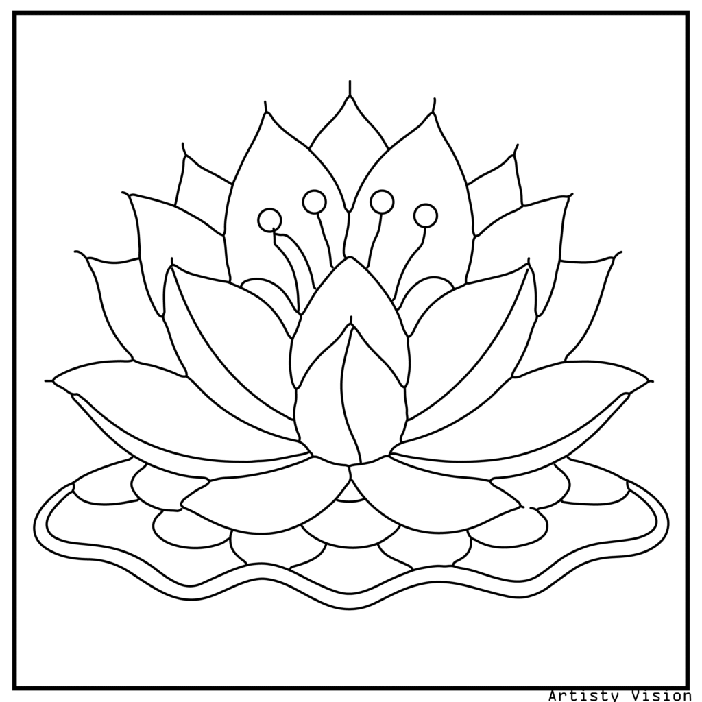 40.	A lotus flower in full bloom with patterned water ripples and leaves, perfect for meditative flower coloring sheets available as printable pdf coloring sheets.