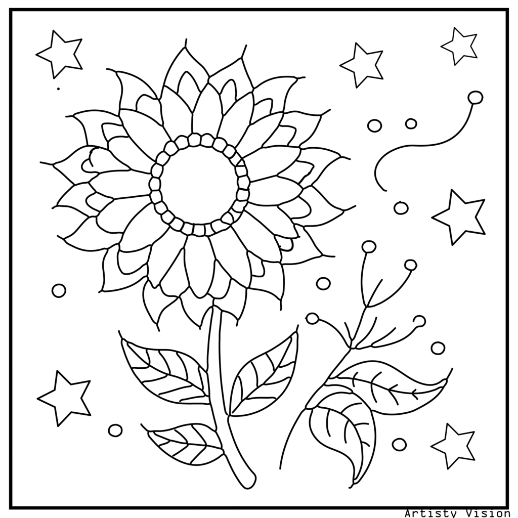 41.	A sunflower with paisley petals and ornate butterflies, great for relaxing, flower coloring sheets, and premium printable PDF coloring sheets.