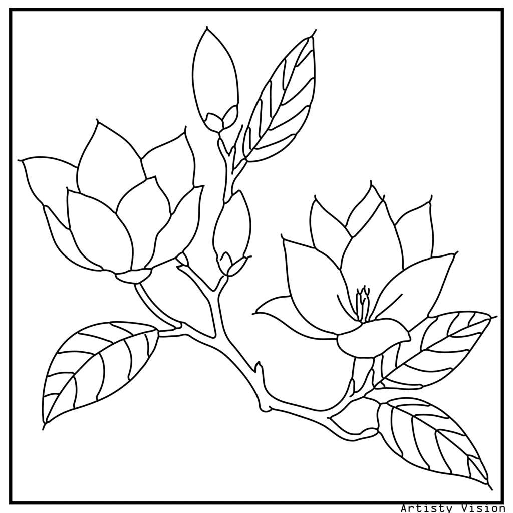 42.	A magnolia branch filled with patterned blossoms and swirling leaves, perfect for decorative flower coloring sheets and printable pdf coloring sheets.