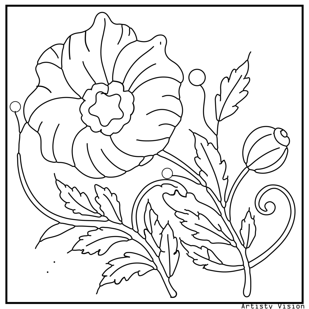 43.	A poppy with swirling mandala petals and ornate details, designed for floral-themed flower coloring sheets in printable pdf coloring sheets format.