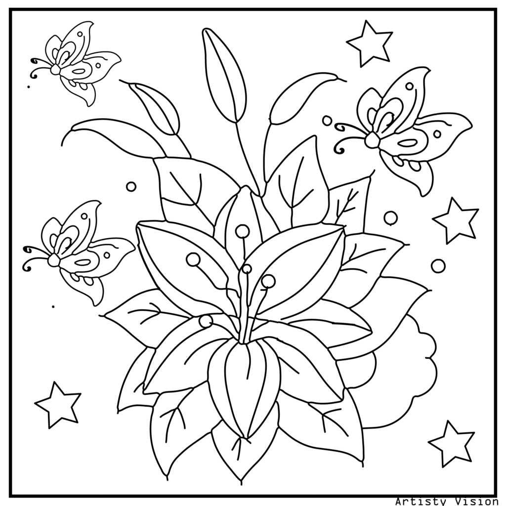 44.	A bouquet of lilies with patterned petals, surrounded by decorative swirls and butterflies, ideal for flower coloring sheets and high-resolution printable pdf coloring sheets.