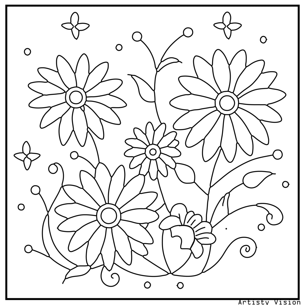 45.	A daisy field with mandala-inspired petals and decorative backgrounds, great for relaxing flower coloring sheets in printable pdf coloring sheets format.