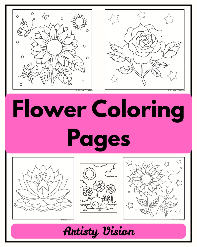 Black and white flower coloring sheets featuring a sunflower, rose, lotus, and whimsical designs, titled "Flower Coloring sheets."
