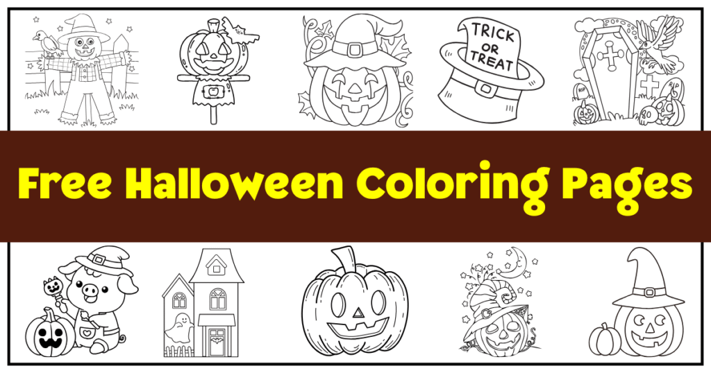Banner promoting free Halloween coloring pages featuring cute illustrations of a scarecrow, pumpkins, ghosts, and witches. Halloween coloring pages