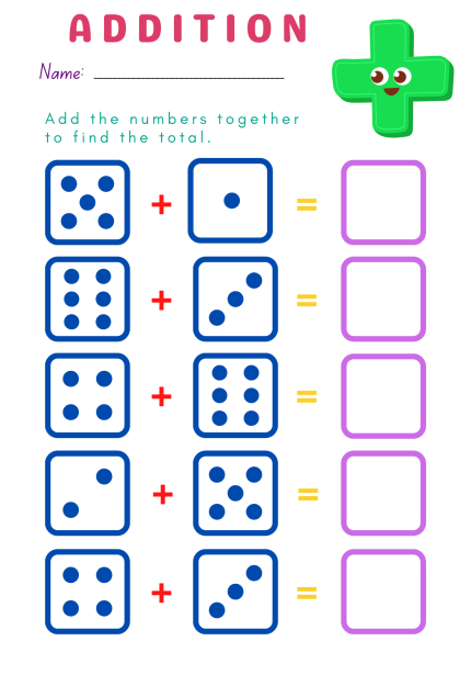 Colorful addition worksheet featuring dice illustrations, guiding children to add numbers and fill in totals. Fun and educational. Addition Worksheets.