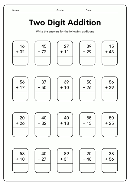 A worksheet for two-digit addition practice featuring various addition problems with blank spaces for answers. Addition Worksheets.