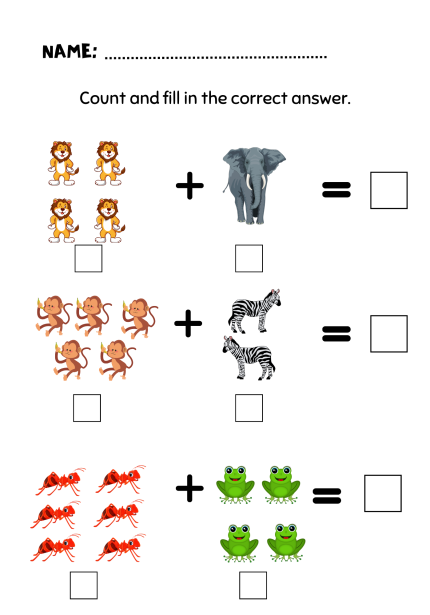 Worksheet featuring animal addition problems with lions, an elephant, monkeys, zebras, ants, and frogs for young learners. Addition Worksheets.