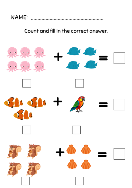 Colorful counting worksheet featuring octopuses, fish, clownfish, a parrot, squirrels, and seashells to solve simple math problems. Addition Worksheets.