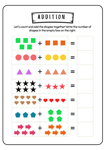 A worksheet for counting and adding various shapes, with spaces to write totals next to illustrated rows of shapes. Addition Worksheets.