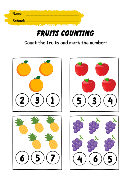 A colorful educational worksheet for kids featuring fruit counting exercises: oranges, apples, pineapples, and grapes with numbered circles. Addition Worksheets.