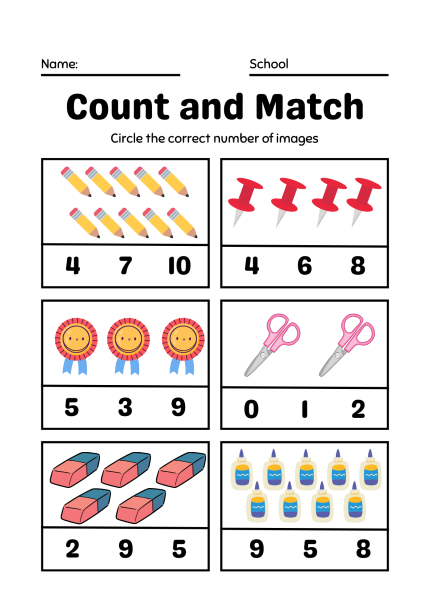 Worksheet titled "Count and Match" for children to count images of pencils, pushpins, medals, scissors, erasers, and glue bottles. Addition Worksheets.