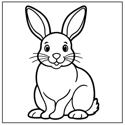 A cute, cartoon-style rabbit with large ears and a friendly expression, outlined for coloring on a white background. Bunny coloring pages.