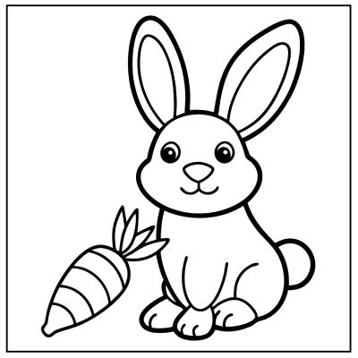 A cute cartoon bunny sitting beside a carrot, outlined for coloring, with big ears and a friendly smile. Bunny coloring pages.