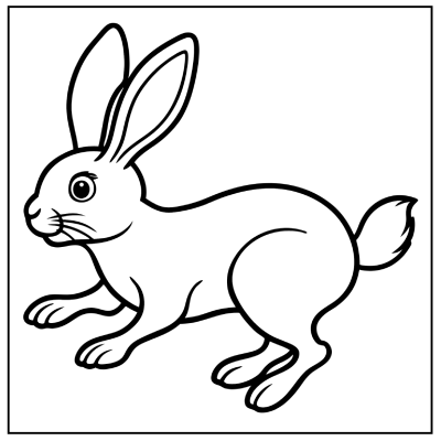 Line art of a cute, playful rabbit with large ears, sitting on its hind legs and looking curiously to the side. Bunny coloring pages.