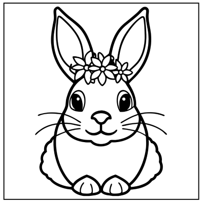 A cute outlined bunny with large ears, sitting down and adorned with a flower crown, set against a simple border. Bunny coloring pages.