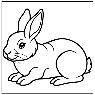 A black and white outline of a sitting rabbit with long ears and a gentle expression, ideal for coloring. Bunny coloring pages.