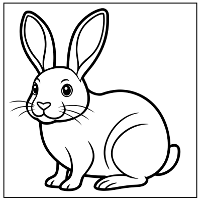 A cartoon-style outline of a cute rabbit sitting, with large ears and a friendly expression, ready for coloring. Bunny coloring pages.