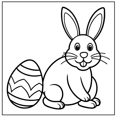 A cute cartoon bunny with a big smile sits next to a decorated Easter egg, outlined for coloring. Bunny coloring pages.