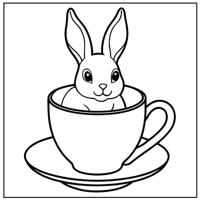 A cute bunny with large ears peeks out of a teacup, resting on a saucer, in a simple line drawing style. Bunny coloring pages.