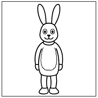 A cartoon rabbit character with long ears, dressed in a fluffy costume, standing upright against a plain white background. Bunny coloring pages.
