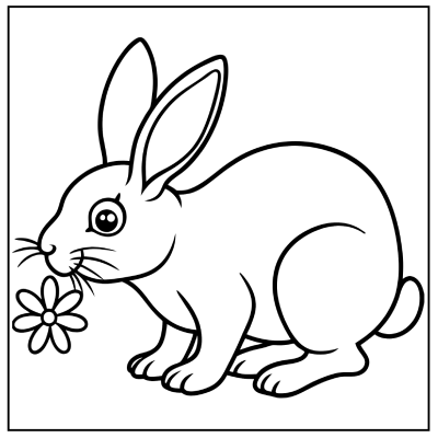 A cute outline drawing of a rabbit holding a flower, sitting on its haunches with large ears and a round body. Bunny coloring pages.
