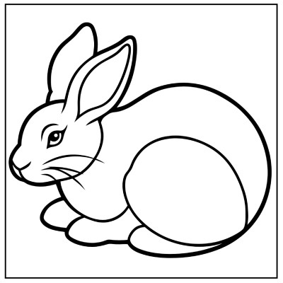 Line art drawing of a cute, sitting rabbit with long ears and a rounded body, outlined in black. Bunny coloring pages.