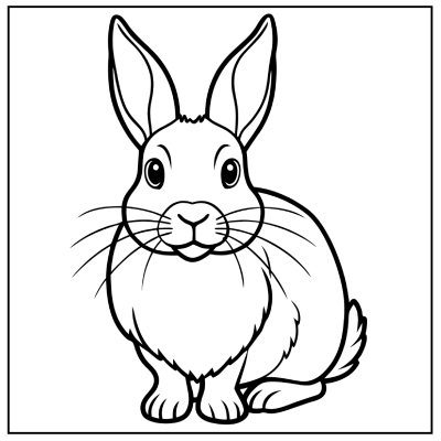 A playful cartoon rabbit with large ears, round eyes, and whiskers, outlined for coloring. It sits with a friendly expression. Bunny coloring pages.