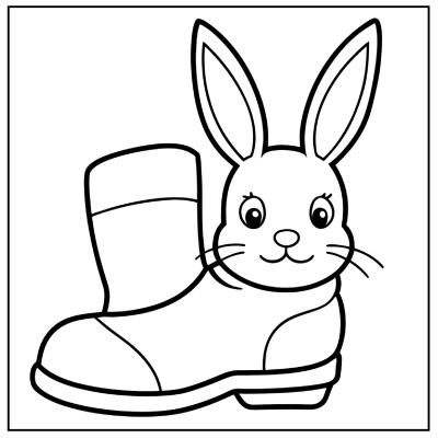 A cute cartoon rabbit with large ears peeking out from inside a colorful rubber boot, outlined for coloring. Bunny coloring pages.