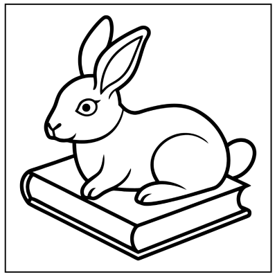 A cute rabbit resting on an open book, outlined in black, with prominent ears and a soft, rounded body. Bunny coloring pages.