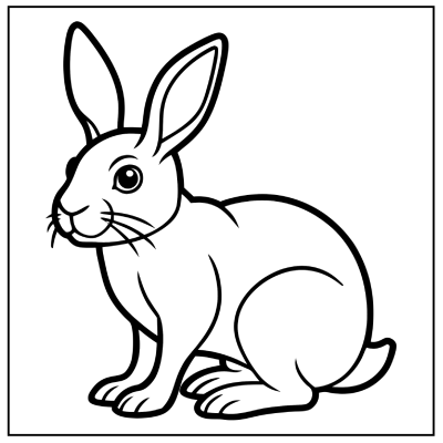 A simple black and white line drawing of a sitting rabbit with long ears and a gentle expression. Perfect for coloring. Bunny coloring pages.