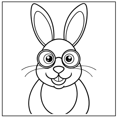 A simple, outlined illustration of a rabbit's face with large ears, whiskers, and a rounded body within a rectangular border. Bunny coloring pages.
