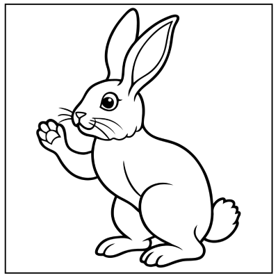 A cute cartoon rabbit waving, featuring large ears, round eyes, and a fluffy tail, outlined for coloring. Bunny coloring pages.