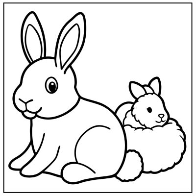 A friendly, cartoon-style rabbit sits beside a fluffy, smaller rabbit, both outlined for coloring against a white background. Bunny coloring pages.