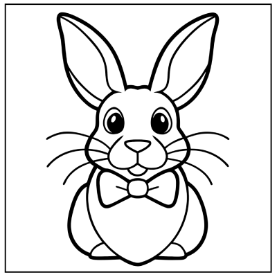 Black and white outline of a cute rabbit wearing a bow tie, with large eyes and long ears, ready for coloring. Bunny coloring pages.