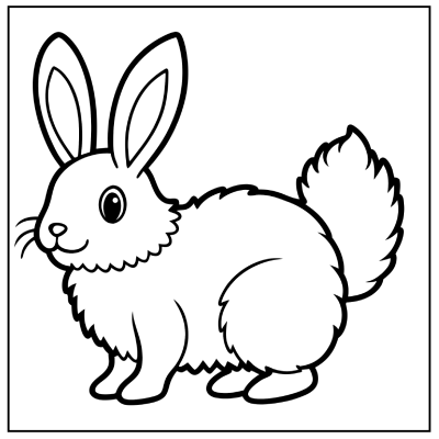 A cute, fluffy rabbit with large ears and big eyes, outlined in black for coloring, sits contentedly in a simple frame. Bunny coloring pages.