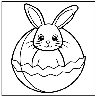 A cute cartoon bunny peeks out from a cracked eggshell, outlined for coloring, against a square background. Bunny coloring pages.
