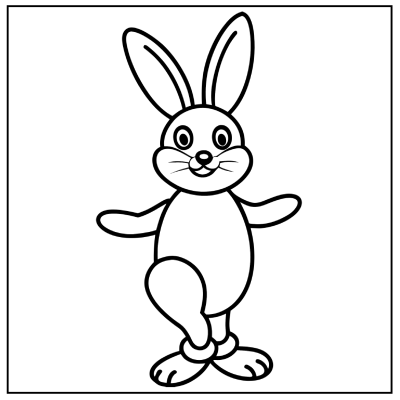 A cheerful cartoon rabbit stands on one leg with arms outstretched, ready to play or dance, outlined for coloring. Bunny coloring pages.