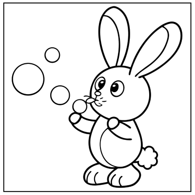 A cute, cartoon-style bunny blowing bubbles, with large ears, round eyes, and a fluffy tail, in a black and white outline illustration. Bunny coloring pages.