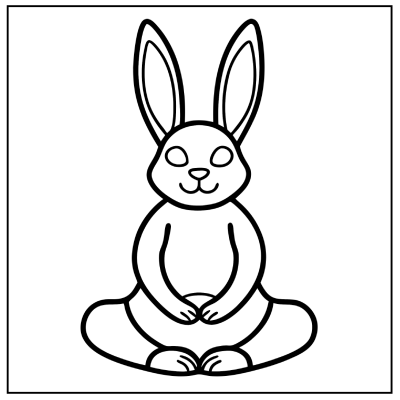 Line art of a sitting rabbit with large ears, hands resting on its belly and a cheerful expression, set against a blank background. Bunny coloring pages.