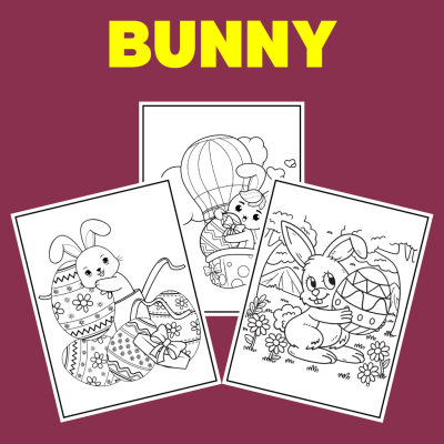 Three black-and-white coloring pages featuring cute bunnies with Easter eggs and a hot air balloon, with the word "BUNNY" in bold yellow. Bunny Coloring Pages.