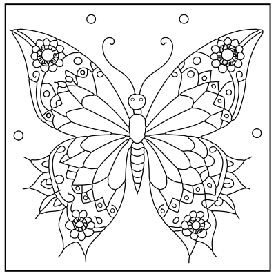 A symmetrical butterfly design with intricate patterns and flowers, outlined against a simple background. Butterfly Coloring Pages.