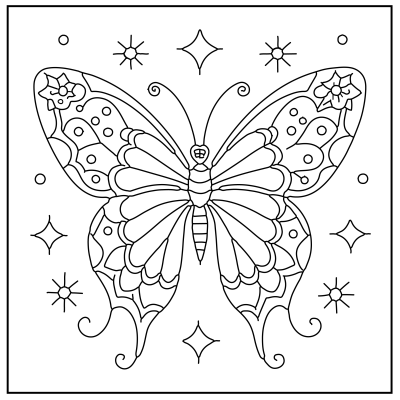 Black and white line art of a decorative butterfly surrounded by stars and circles, designed for coloring. Butterfly Coloring Pages.