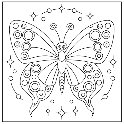Outline drawing of a butterfly featuring circular patterns and star motifs, designed for coloring. Butterfly Coloring Pages.