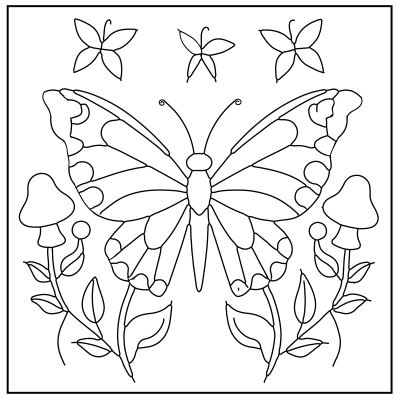 Line art of a large butterfly surrounded by flowers and small butterflies, featuring mushrooms and leaves in a symmetrical design. Butterfly Coloring Pages.